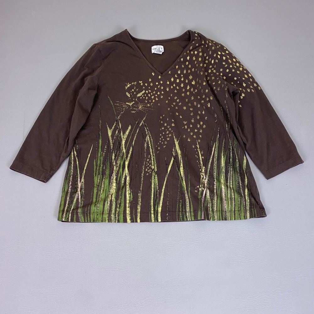 Chicos Top Size 2 Large Brown Cotton V-Neck Graphic Gold Foil Cheetah 3/4 Sleeve